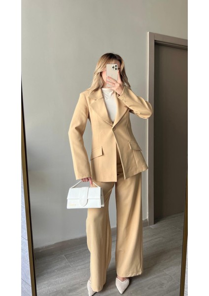 Beli Daralan Orta Boy Astarlı Vatkalı Tasarım Cep Detay Premium Blazer Ceket Yüksek Bel Palazzo Pantolon Ikili Şık Muadil Takım indirimleri