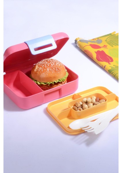 Diyarı Kendinden Kaşık ve Çatallı 5 Bölmeli 2 Katlı Beslenme Kutusu (Pembe)