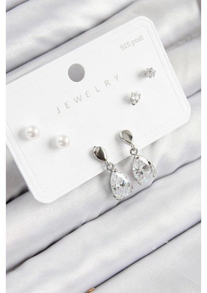 Pirinç Zirkon Taşlı Sallantılı Damla Model Gümüş Renk 925 Ayar Gümüş Çivi Kadın Küpe Set
