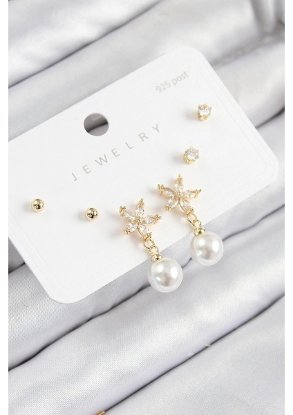 Pirinç Zirkon Taşlı Inci Sallantılı Çiçek Model Gümüş Renk 925 Ayar Gümüş Çivi Kadın Küpe Set