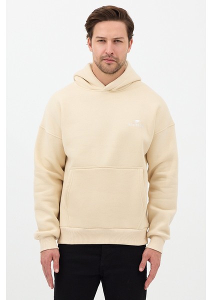 Erkek Oversize Pamuklu Kanguru Cepli Basic 3 Iplik Nakışlı Kapüşonlu Sweatshirt Bej - L