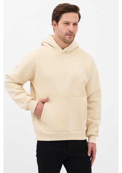 Erkek Oversize Pamuklu Kanguru Cepli Basic 3 Iplik Nakışlı Kapüşonlu Sweatshirt Bej - L fiyatları