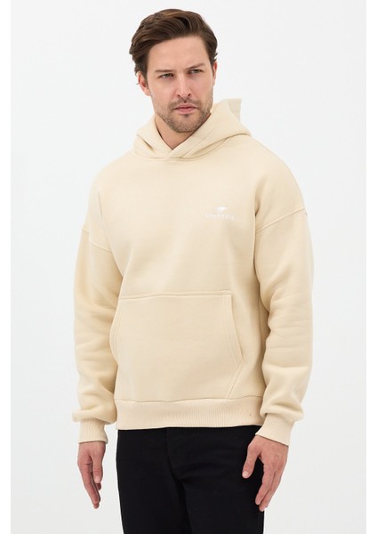 Erkek Oversize Pamuklu Kanguru Cepli Basic 3 Iplik Nakışlı Kapüşonlu Sweatshirt Bej - L modelleri