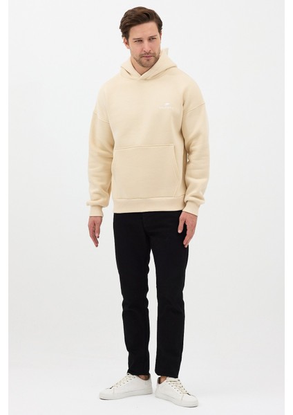 Erkek Oversize Pamuklu Kanguru Cepli Basic 3 Iplik Nakışlı Kapüşonlu Sweatshirt Bej - L fırsatları