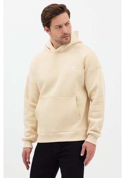 Erkek Oversize Pamuklu Kanguru Cepli Basic 3 Iplik Nakışlı Kapüşonlu Sweatshirt Bej - L indirimleri