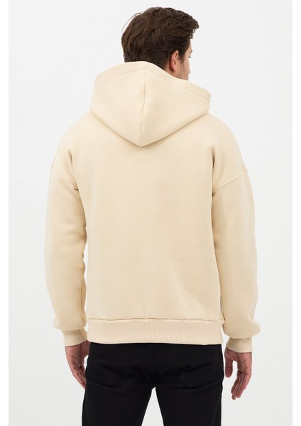 Erkek Oversize Pamuklu Kanguru Cepli Basic 3 Iplik Nakışlı Kapüşonlu Sweatshirt Bej - L