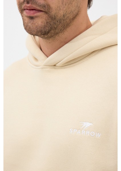Erkek Oversize Pamuklu Kanguru Cepli Basic 3 Iplik Nakışlı Kapüşonlu Sweatshirt Bej - L