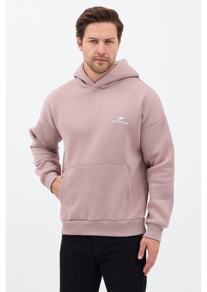 Erkek Oversize Pamuklu Kanguru Cepli Basic 3 Iplik Nakışlı Kapüşonlu Sweatshirt Buz Menekşe - M