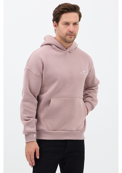 Erkek Oversize Pamuklu Kanguru Cepli Basic 3 Iplik Nakışlı Kapüşonlu Sweatshirt Buz Menekşe - M fiyatları