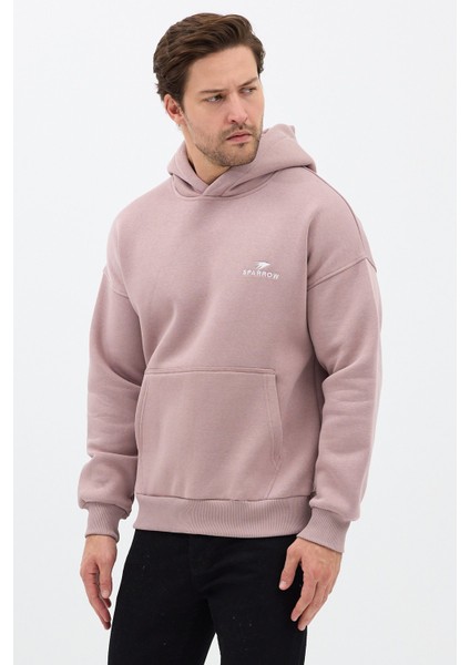 Erkek Oversize Pamuklu Kanguru Cepli Basic 3 Iplik Nakışlı Kapüşonlu Sweatshirt Buz Menekşe - M modelleri