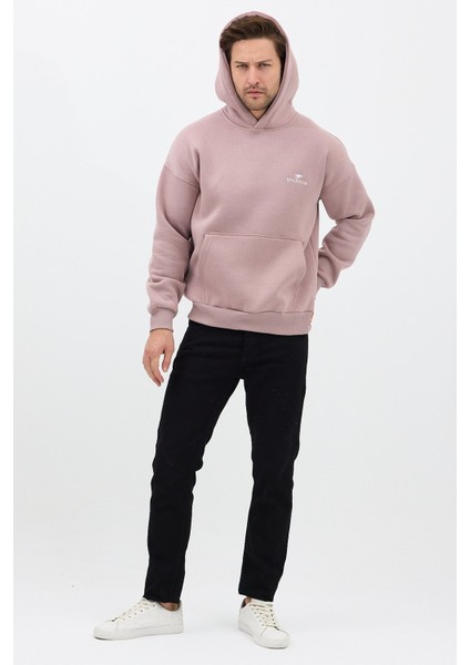Erkek Oversize Pamuklu Kanguru Cepli Basic 3 Iplik Nakışlı Kapüşonlu Sweatshirt Buz Menekşe - M fırsatları