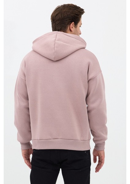 Erkek Oversize Pamuklu Kanguru Cepli Basic 3 Iplik Nakışlı Kapüşonlu Sweatshirt Buz Menekşe - M indirimleri