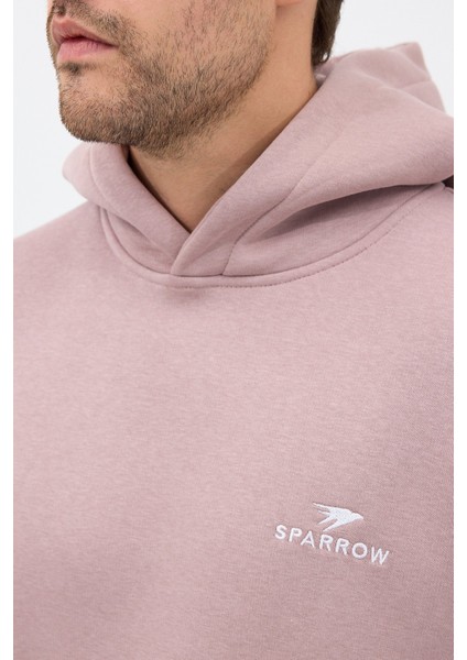 Erkek Oversize Pamuklu Kanguru Cepli Basic 3 Iplik Nakışlı Kapüşonlu Sweatshirt Buz Menekşe - M