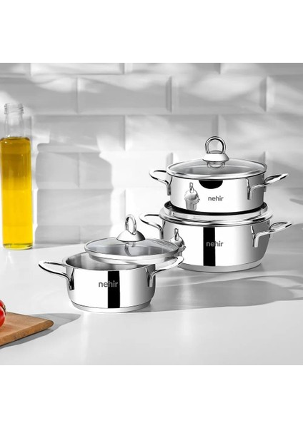 6 Parça Paslanmaz Çelik Mini Tencere Seti (12-14-16 Cm)