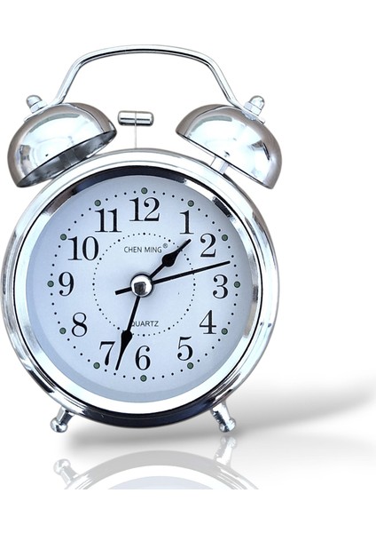 Çanlı Tokmaklı Yüksek Zil Sesli Gümüş Metal Kasalı Işıklı Nostaljik Retro Çalar Saat