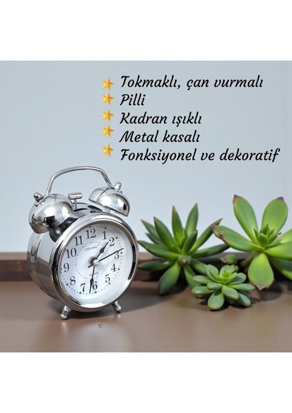 Çanlı Tokmaklı Yüksek Zil Sesli Gümüş Metal Kasalı Işıklı Nostaljik Retro Çalar Saat modelleri