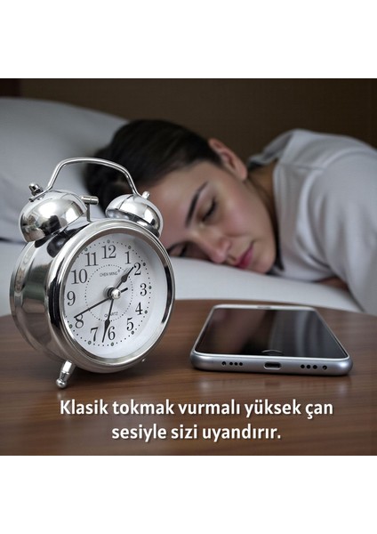 Çanlı Tokmaklı Yüksek Zil Sesli Gümüş Metal Kasalı Işıklı Nostaljik Retro Çalar Saat fırsatları