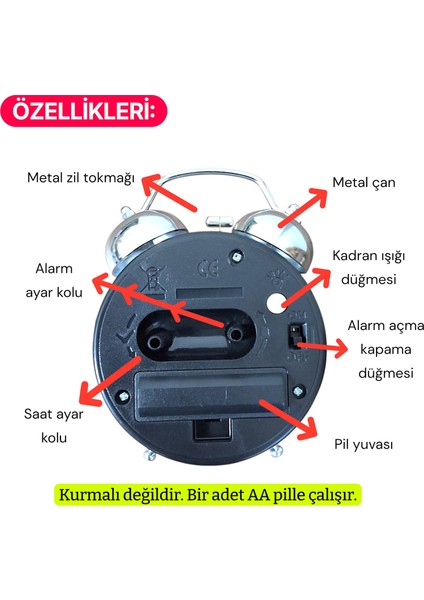 Çanlı Tokmaklı Yüksek Zil Sesli Gümüş Metal Kasalı Işıklı Nostaljik Retro Çalar Saat