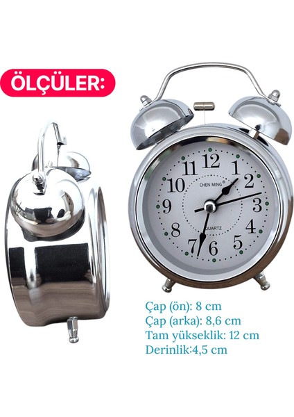 Çanlı Tokmaklı Yüksek Zil Sesli Gümüş Metal Kasalı Işıklı Nostaljik Retro Çalar Saat