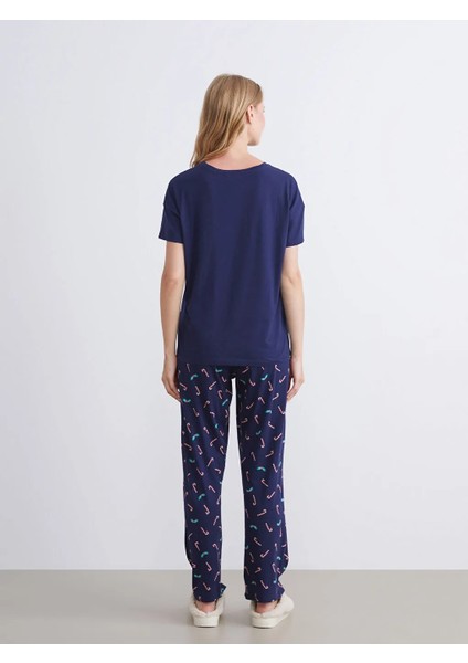 Dream Lacivert Bisiklet Yaka Baskılı Penye Kadın Pijama Takımı modelleri