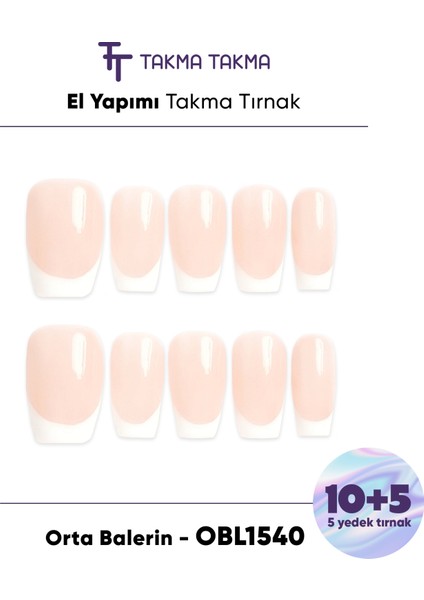 15'li Ten Rengi Orta Balerin OBLK1540FK Tekrar Kullanılabilir El Yapımı Protez Takma Tırnak - Ten Rengi-L