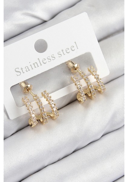 Pirinç Zirkon Taşlı Model Gold Renk Kadın Küpe