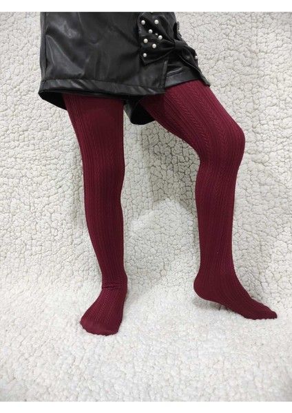 Örgü Desenli Kız Çocuk Orta Kalın Mevsimli Külotlu Çorap - Şarap