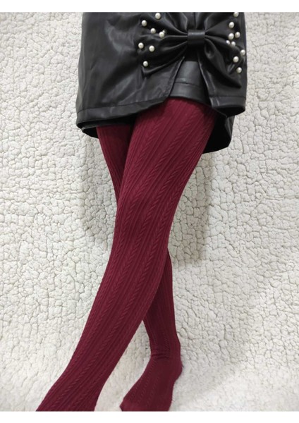 Örgü Desenli Kız Çocuk Orta Kalın Mevsimli Külotlu Çorap - Şarap modelleri