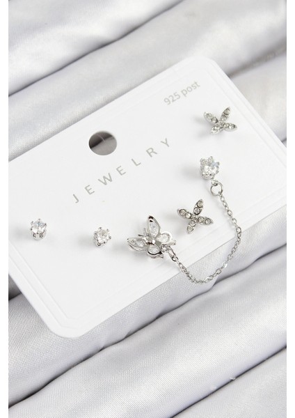 Pirinç Zirkon Taşlı Kelebek Model Gümüş Renk 925 Ayar Gümüş Çivi Kadın Küpe Set