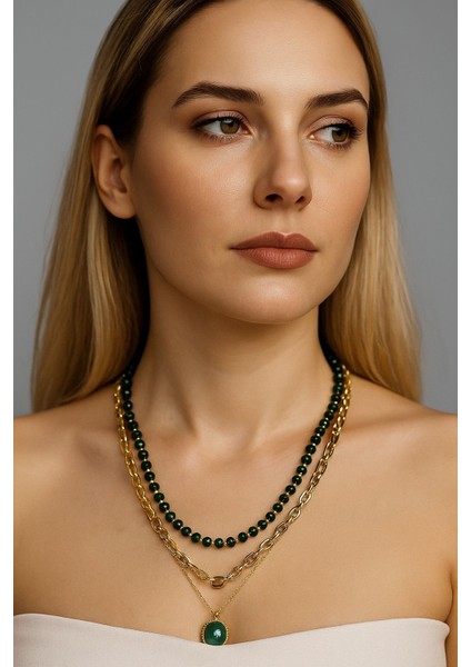 Yeşil Kristal Taşlı Çoklu Kolye