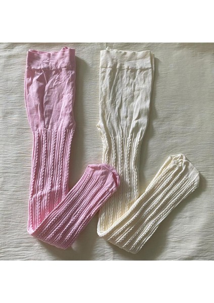 2'li Kız Çocuk Desenli Külotlu Çorap ( 80 Den Orta Kalın Mevsimlik Külotlu Çorap ) Pembe & Vanilya