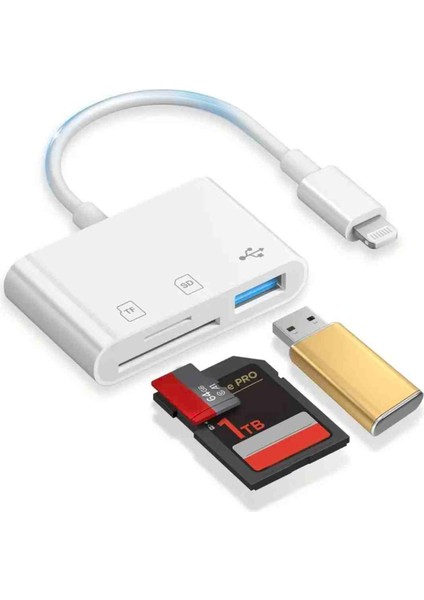 3'ü 1 Arada iphone Lightning To Tf Sd Kart ve Usb Çevirici Dönüştürücü Orjinal Sağlam