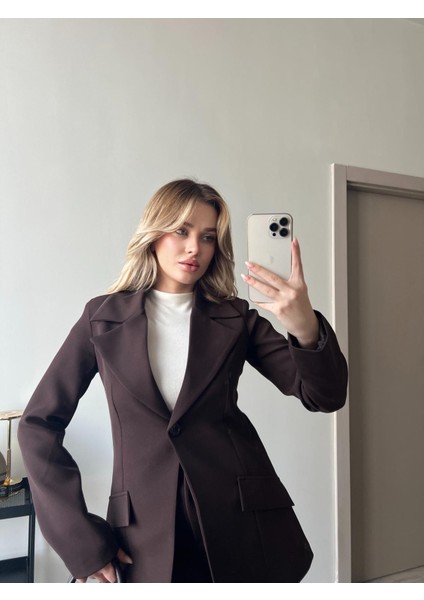 Beli Daralan Orta Boy Astarlı Vatkalı Tasarım Cep Detay Premium Blazer Ceket Yüksek Bel Palazzo Pantolon Ikili Şık Muadil Takım modelleri