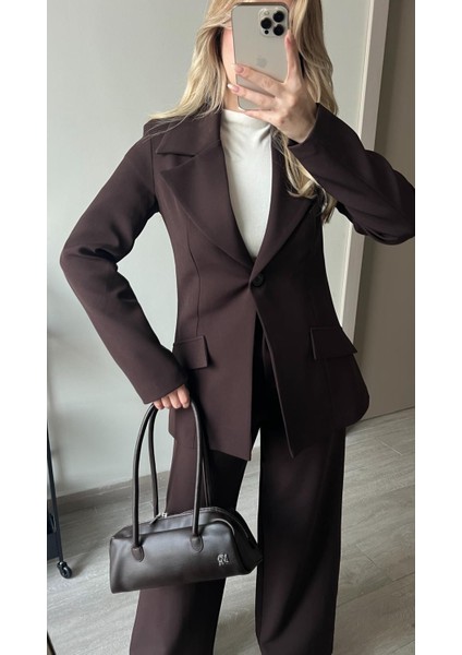 Beli Daralan Orta Boy Astarlı Vatkalı Tasarım Cep Detay Premium Blazer Ceket Yüksek Bel Palazzo Pantolon Ikili Şık Muadil Takım fırsatları