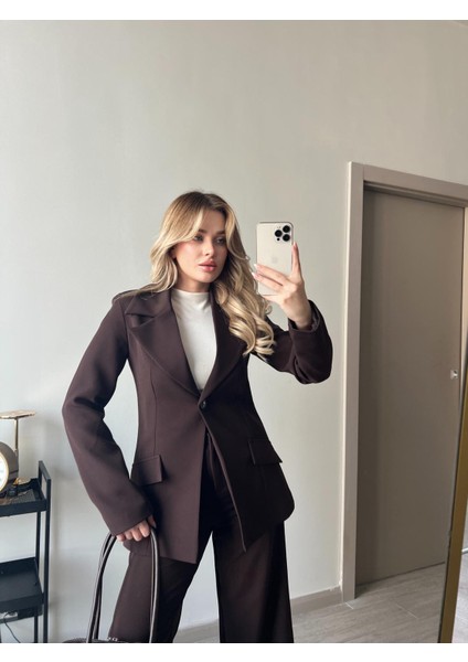 Beli Daralan Orta Boy Astarlı Vatkalı Tasarım Cep Detay Premium Blazer Ceket Yüksek Bel Palazzo Pantolon Ikili Şık Muadil Takım indirimleri