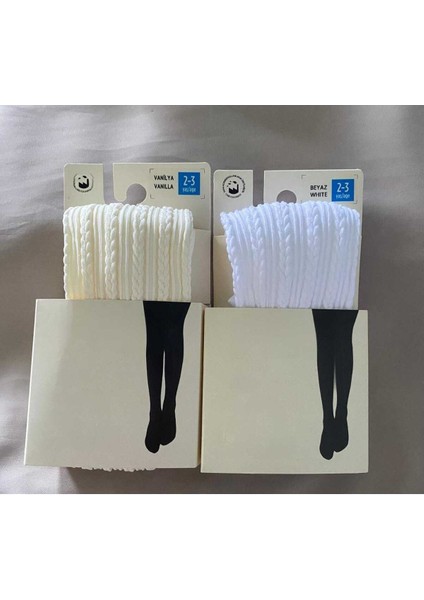 2'li Kız Çocuk Desenli Külotlu Çorap Knit Ted Model 80 Den Mevsimlik Pantyhose ( Vanilya & Beyaz )