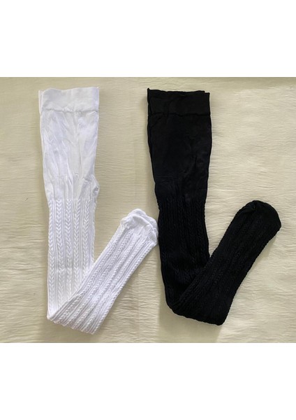 2'li Kız Çocuk Desenli Külotlu Çorap ( 80 Den Orta Kalın Mevsimlik Külotlu Çorap ) Siyah & Beyaz