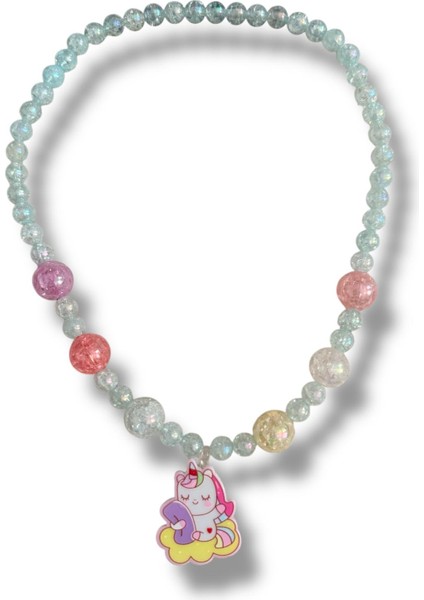 Sevimli Unicorn Rozet Model Içi Simli Boncuk Detaylı Karışık Renkli Inci Kız Çocuk Kolye