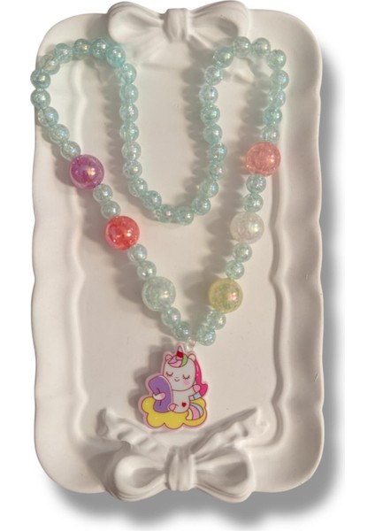 Sevimli Unicorn Rozet Model Içi Simli Boncuk Detaylı Karışık Renkli Inci Kız Çocuk Kolye modelleri