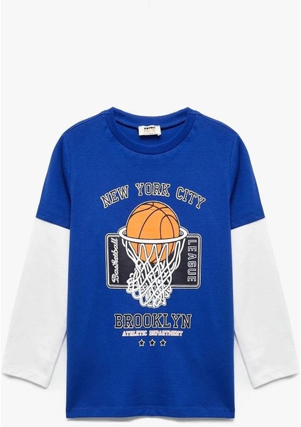 Erkek Çocuk Uzun Kollu Bisiklet Yaka Basketbol Baskılı Pamuklu Tişört