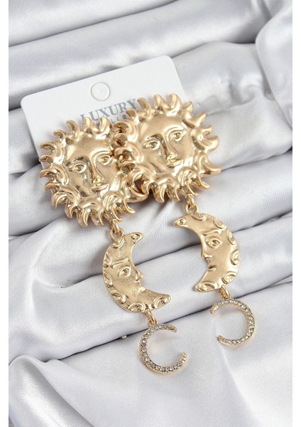 Pirinç Zirkon Taşlı Sallantılı Güneş Model Gold Renk Kadın Küpe