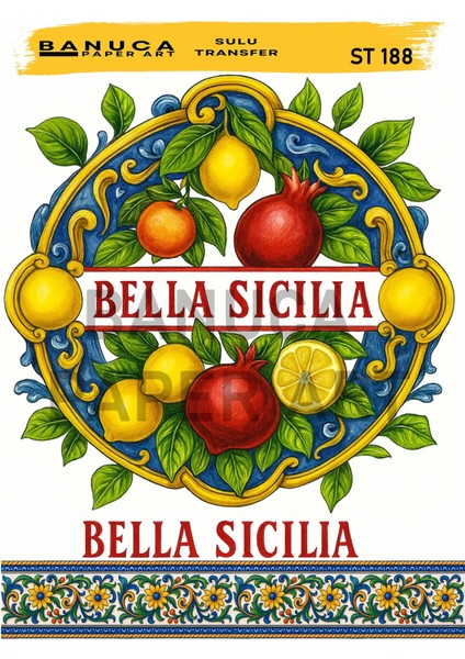 ST188 Bella Sicilia Meyve Çelengi Desenli 25*35 cm Açık Zemin Sulu Transfer