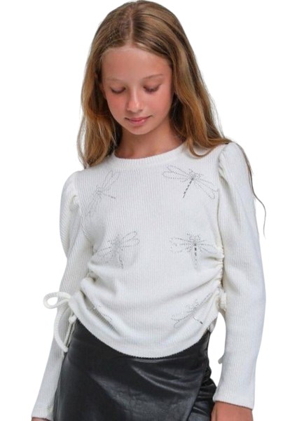 Kız Çocuk Balon Kol Model Yanları Ip Büzgü Ayarlamalı Yusufçuk Taşlı Ekru Renk Uzun Kol Badi
