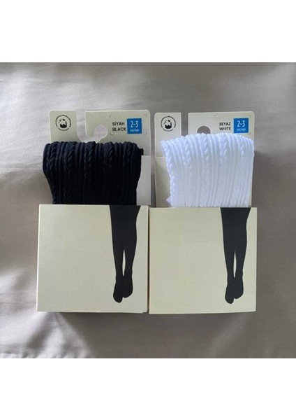 2'li Kız Çocuk Desenli Külotlu Çorap Knit Ted Model 80 Den Mevsimlik Pantyhose ( Siyah & Beyaz )