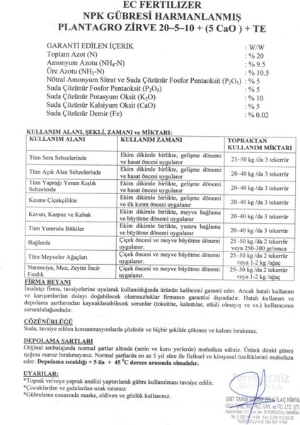 Zirve Çotanak 20-5-10 + 5 Cao + Te Granül Akıllı Gübre – Nitrifikasyon Inhibitörlü – Mikro Elementli Dengeli Taban Gübre – 25 kg fiyatları