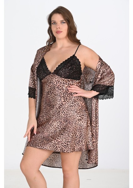 Büyük Beden 2'li Leopar Sabahlık Gecelik Takım