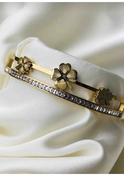 Gold Zirkon Taşlı Yonca Desen Kelepçe