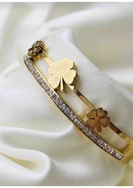 Gold Zirkon Taşlı Yonca Desen Kelepçe fiyatları