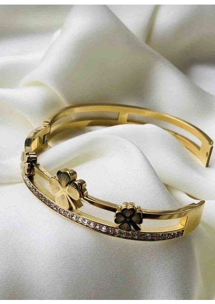 Gold Zirkon Taşlı Yonca Desen Kelepçe fırsatları