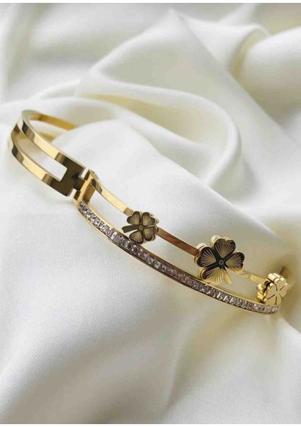 Gold Zirkon Taşlı Yonca Desen Kelepçe indirimleri